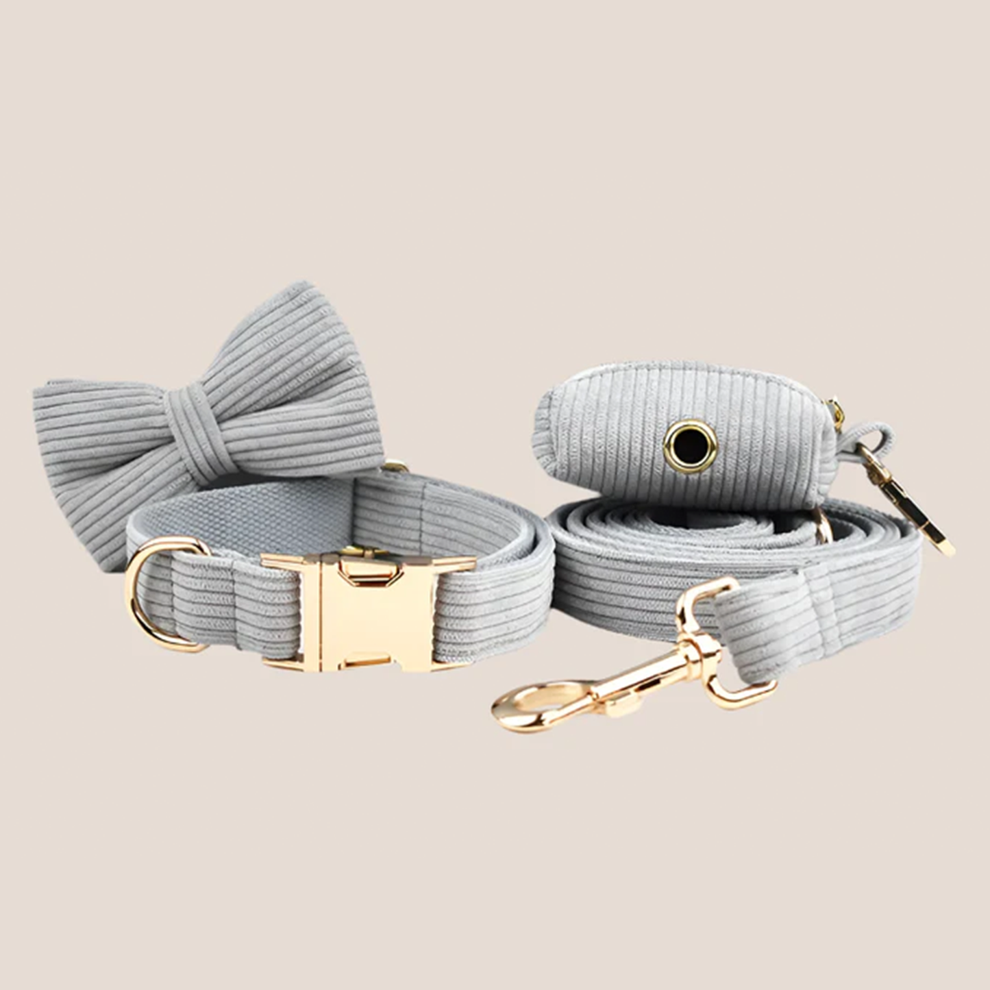 Personalized Pet ID Collar, Harness Leash & Accessories Set Grey Corduroy