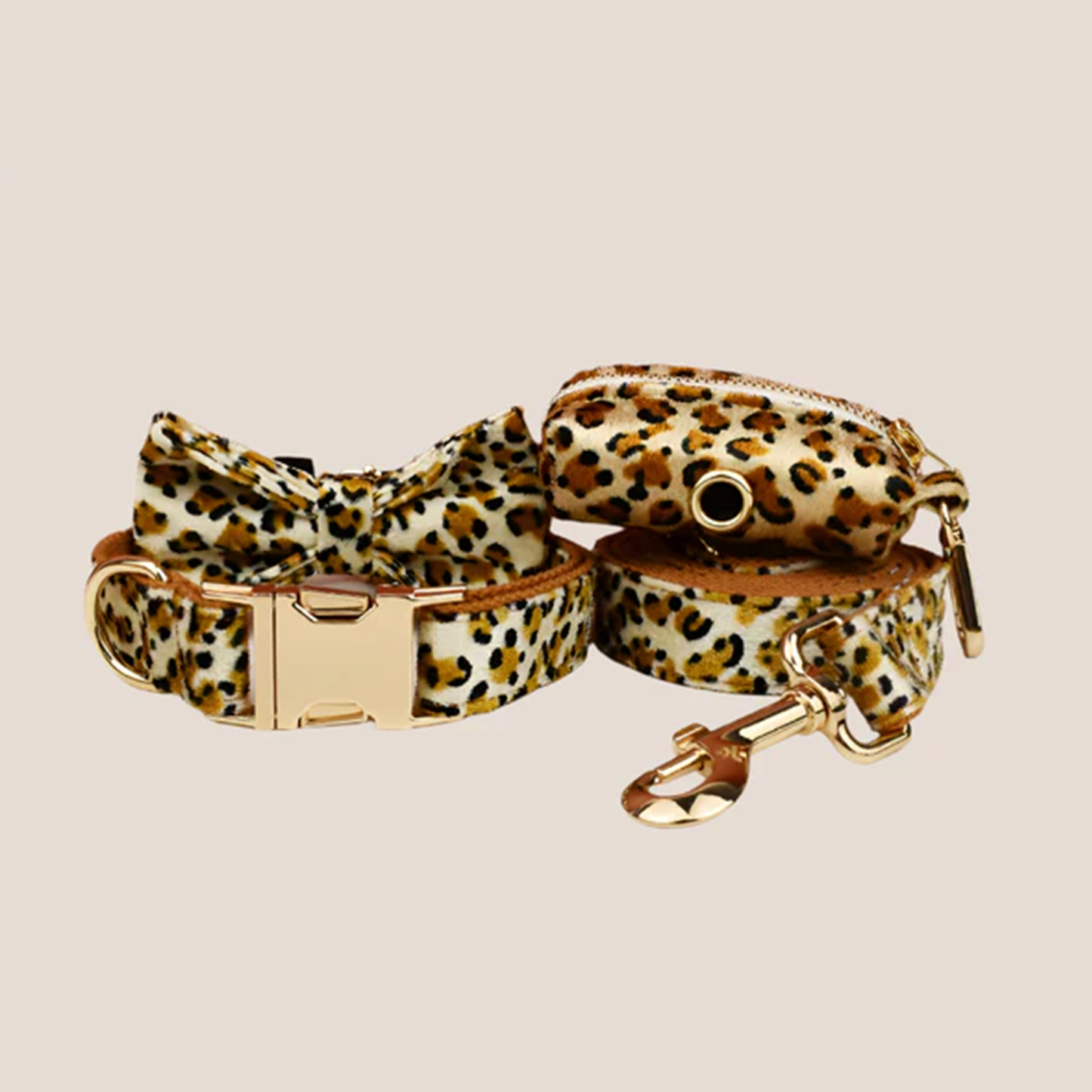 Personalized Pet ID Collar, Harness Leash & Accessories Set Royal Leopard Velvet