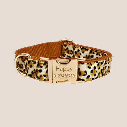 Personalized Pet ID Collar, Harness Leash & Accessories Set Royal Leopard Velvet