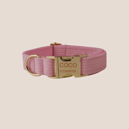 Personalized Pet ID Collar, Harness Leash & Accessories Set Royal Pink Corduroy