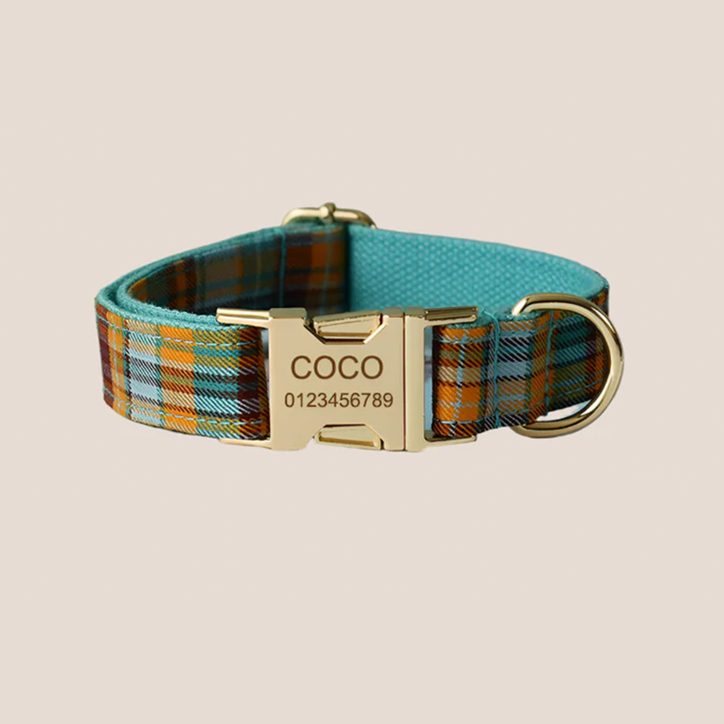 Personalized Pet ID Collar, Harness Leash & Accessories Set Teal Plaid