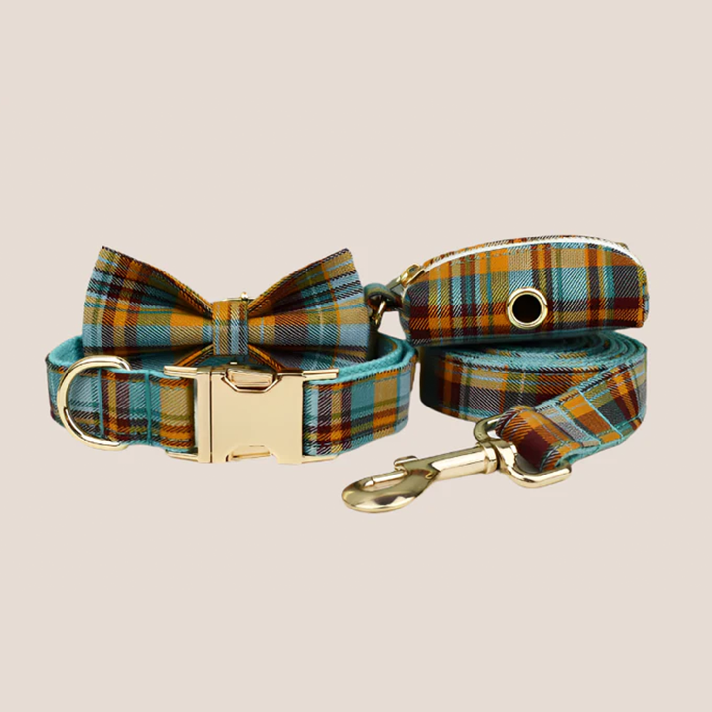 Personalized Pet ID Collar, Harness Leash & Accessories Set Teal Plaid