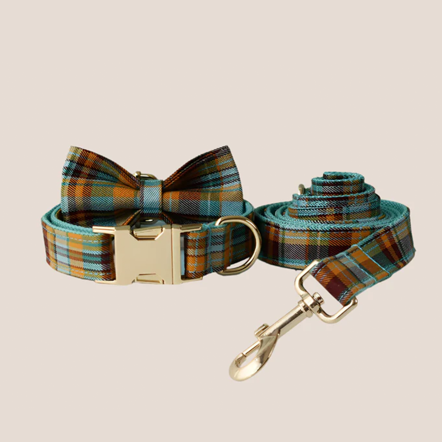Personalized Pet ID Collar, Harness Leash & Accessories Set Teal Plaid
