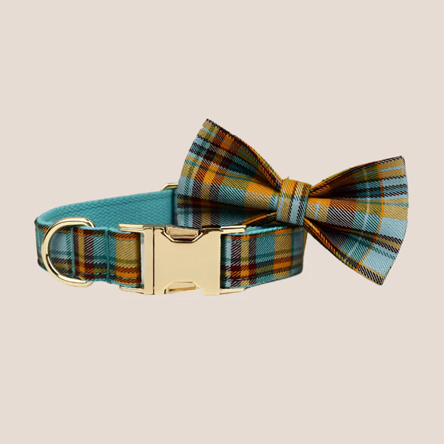 Personalized Pet ID Collar, Harness Leash & Accessories Set Teal Plaid